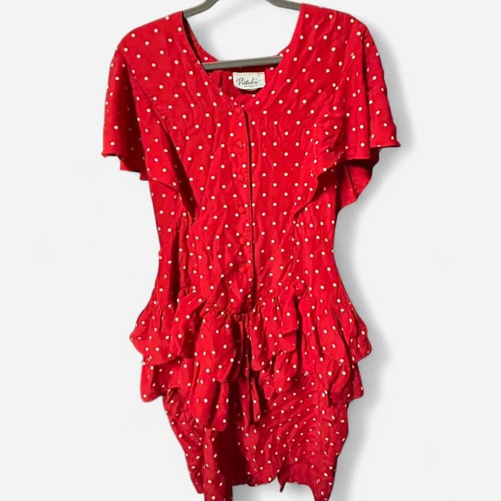 Small vintage 80s red polka dot dress with partial button front and ruffles